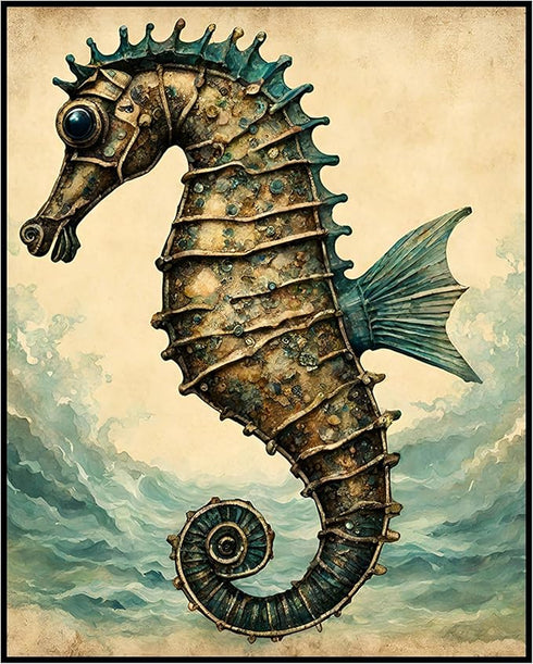 Posterizer 1 pcs-cute seahorse with retro chic background 2-Coastal & Nautical Art-Gift for Nature, Surfers and Beach Lovers -Decor for Beach Hous...